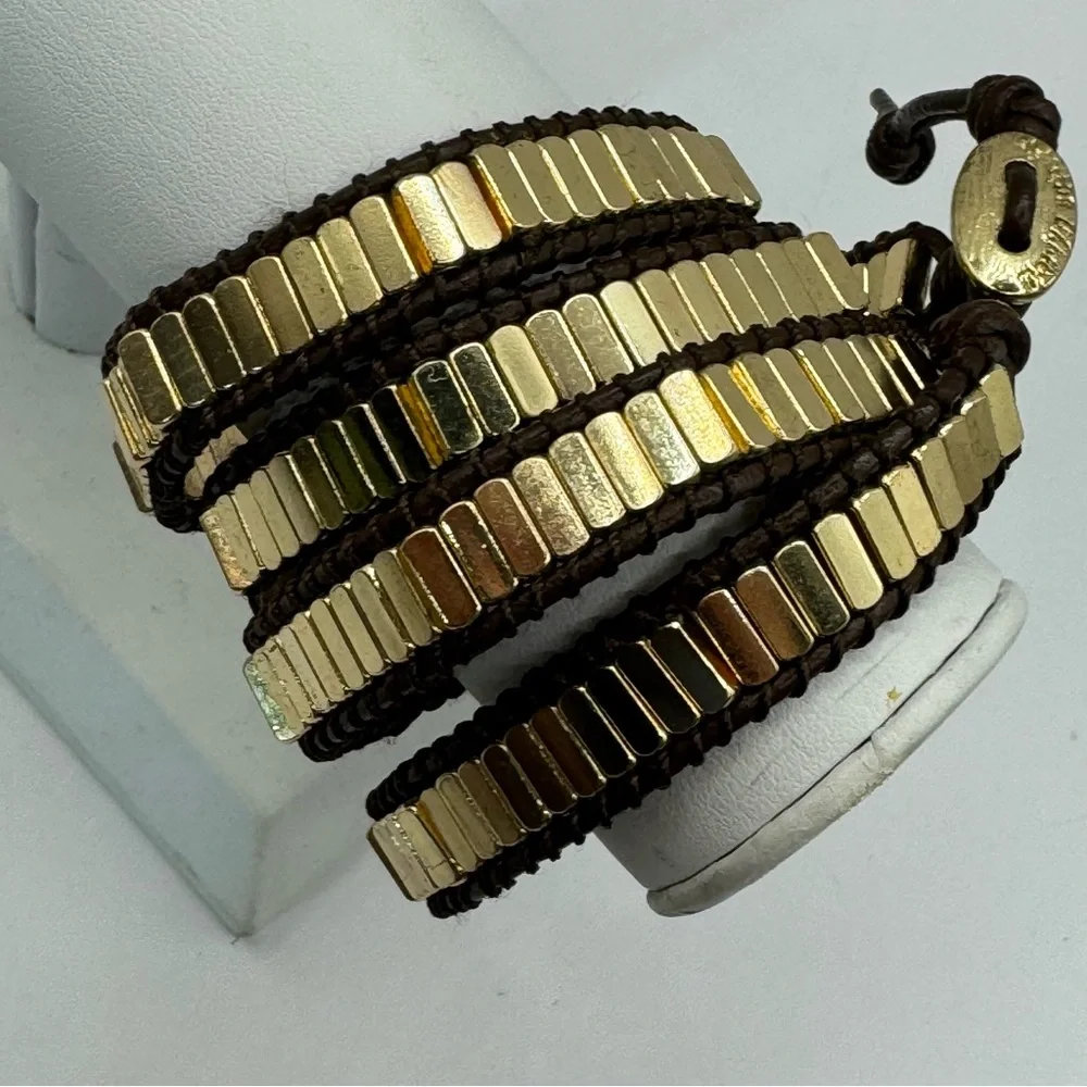 Marlyn Schiff gold tone bar bead brown leather wrap bracelet